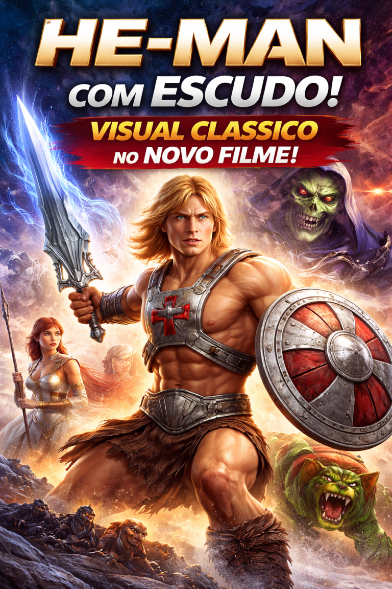 HE-MAN SURGE COM ESCUDO EM IMAGEM OFICIAL E REVELA FIDELIDADE AO VISUAL CLÁSSICO NO NOVO LIVE-ACTION DE MESTRES DO UNIVERSO