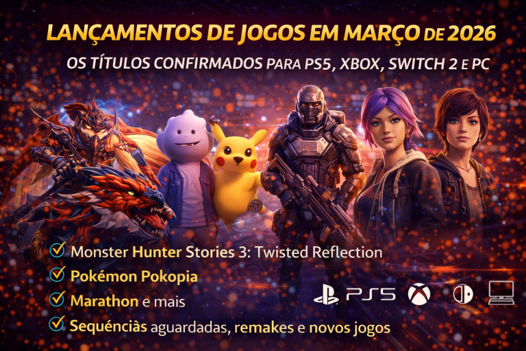 Lançamentos de Jogos em Março de 2026: Monster Hunter Stories 3, Pokémon Pokopia, Marathon e Todos os Games Confirmados para PS5, Xbox, Switch 2 e PC