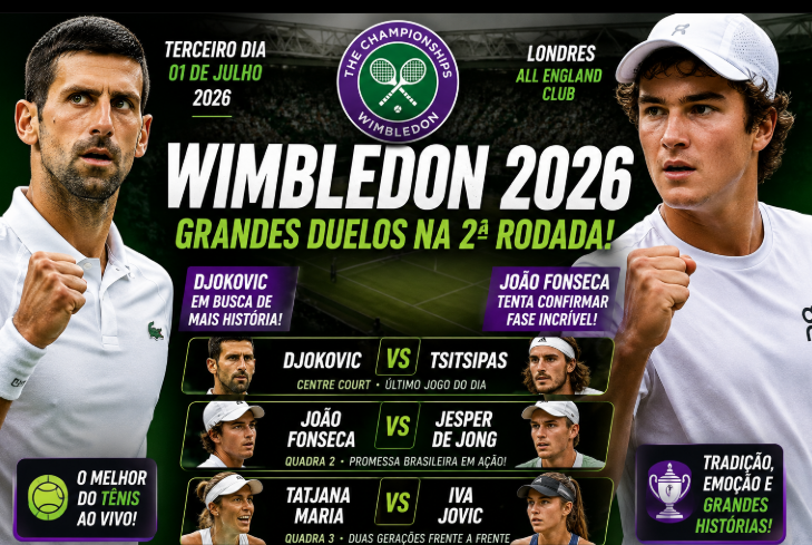 Wimbledon 2026: Djokovic busca ampliar domínio sobre Tsitsipas enquanto João Fonseca tenta confirmar grande fase