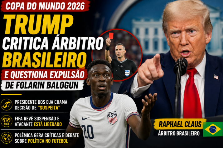 Trump critica árbitro brasileiro durante a Copa do Mundo 2026 e questiona expulsão de Folarin Balogun