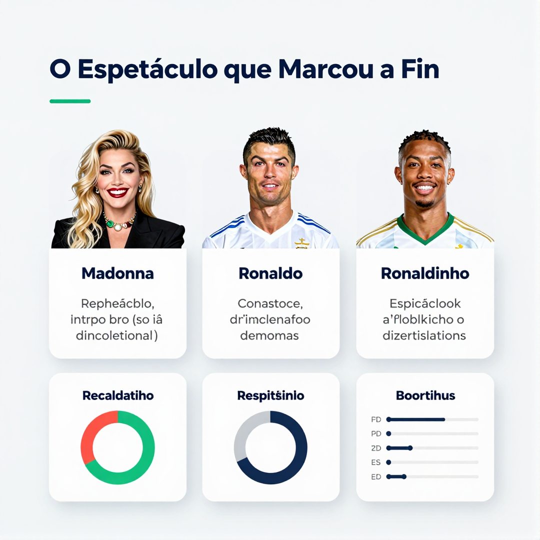 Infográfico - Madonna, Ronaldo e Ronaldinho: O Espetáculo que Marcou a Final da Copa 2026