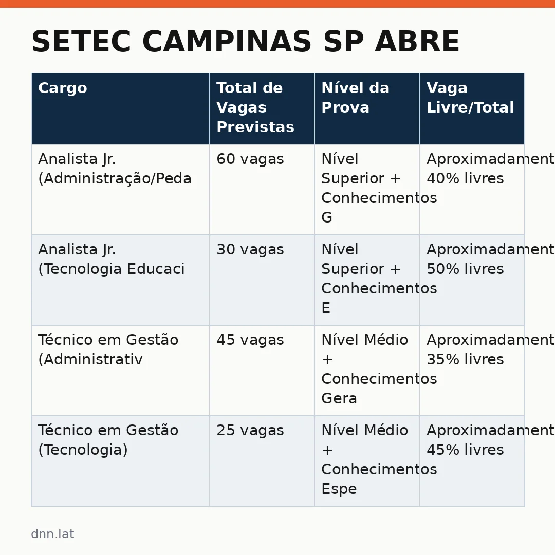 Infográfico - SETEC Campinas SP abre: concurso público com salários de até R$ 10.428,05