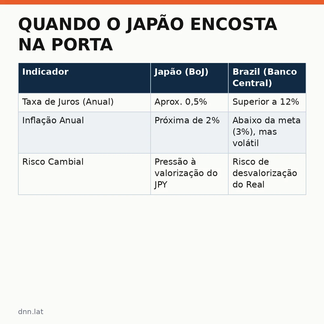 Infográfico - Quando o Japão encosta na porta e o Brasil abre a janela: O iene desafia a lógica das taxas de juros