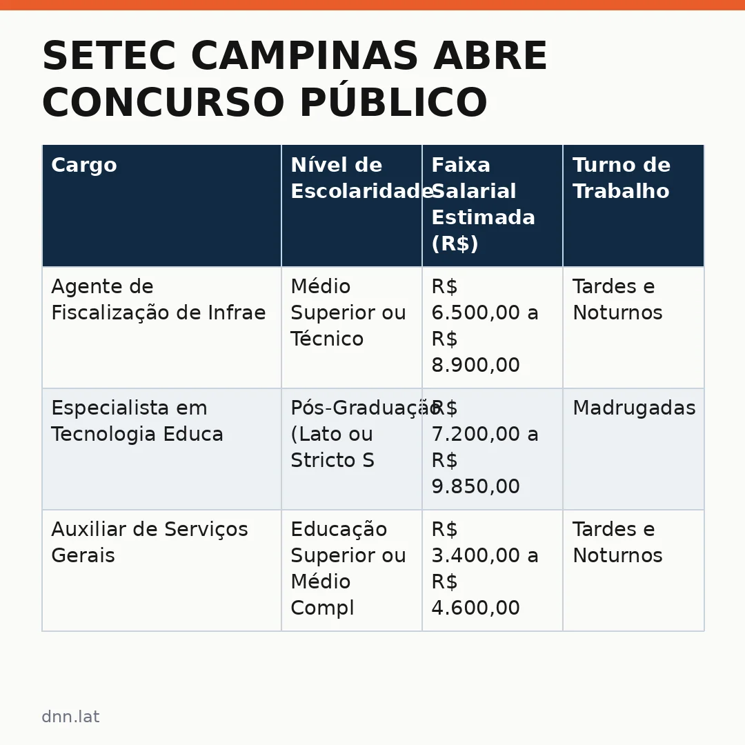 Infográfico - SETEC Campinas Abre Concurso Público: Veja Salários e Como se Candidatar