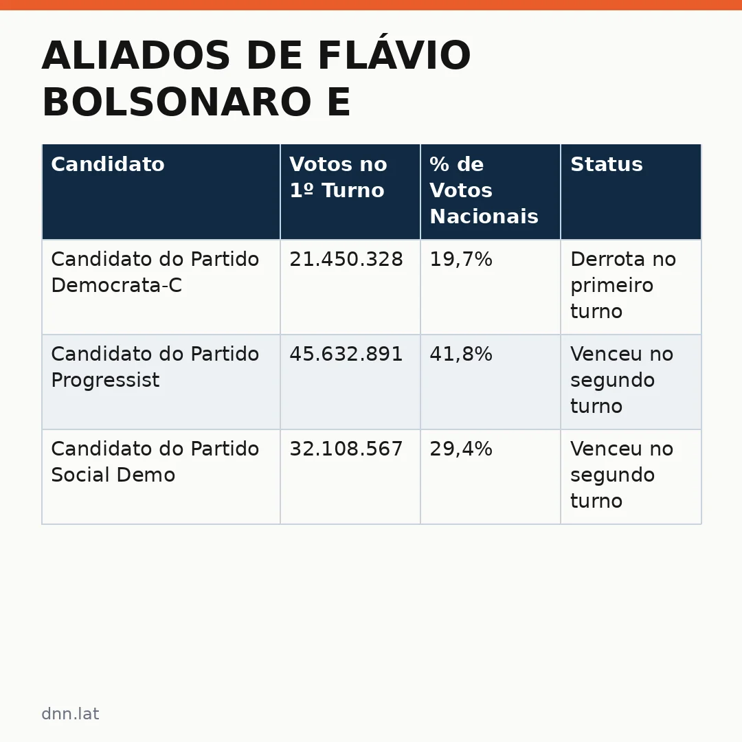 Infográfico - Aliados de Flávio Bolsonaro e Presidenciável do DC derrotada no primeiro turno: o que isso significa para o segundo turn